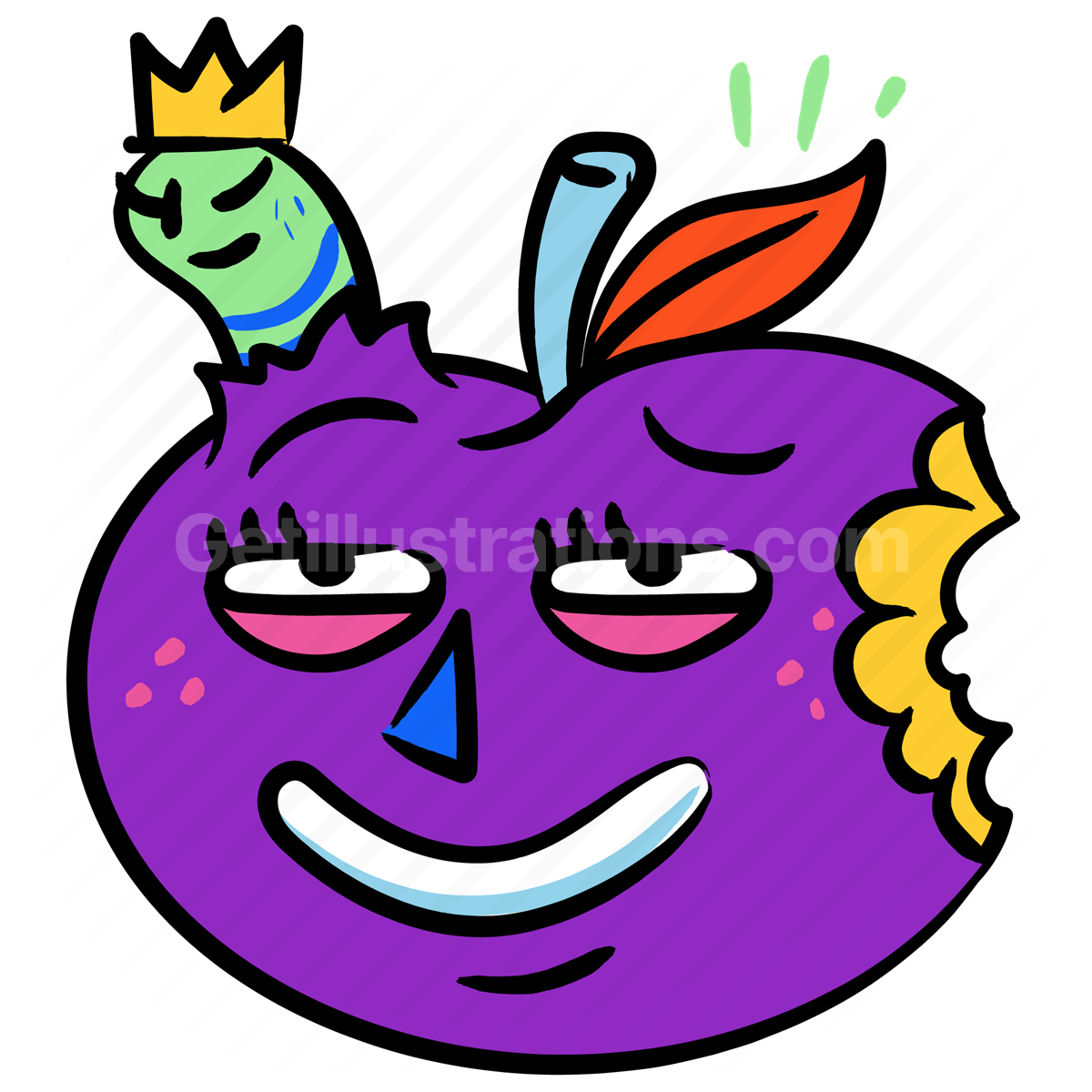 apple, worm, fruit, smile, smiley, sticker, crown